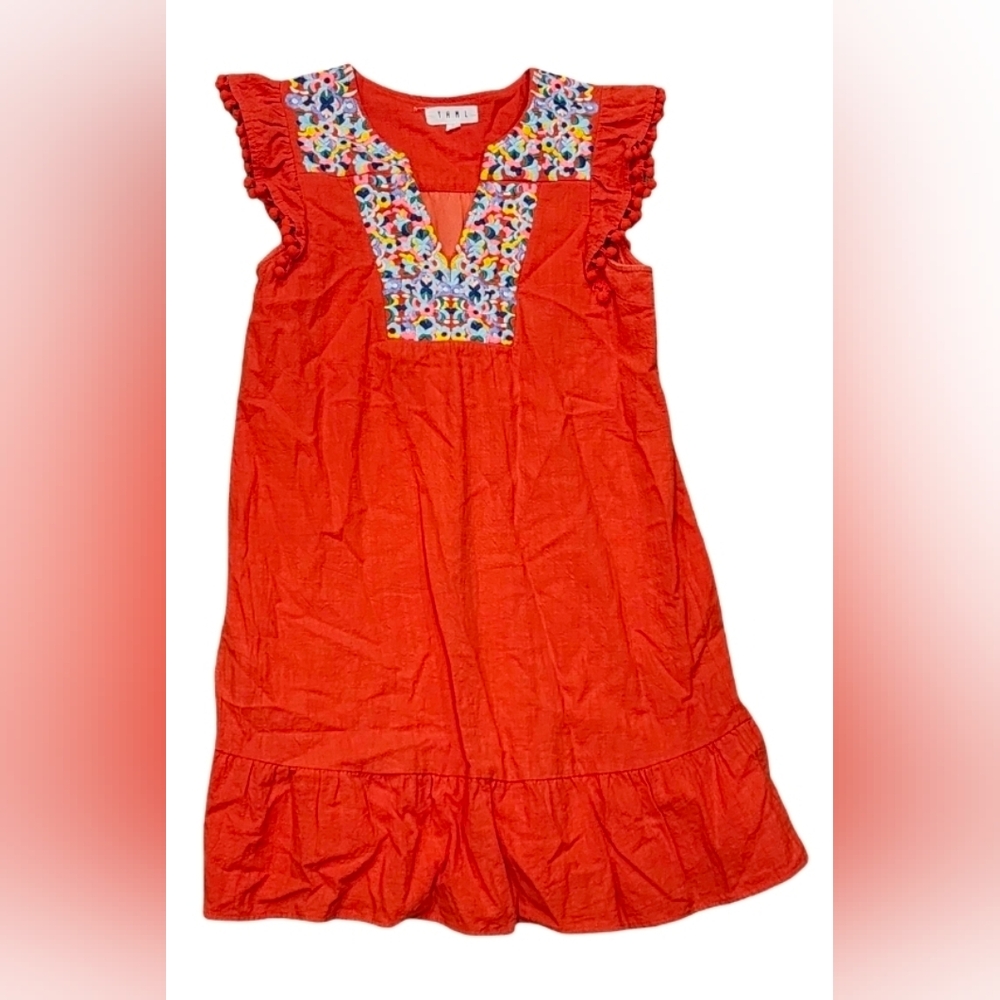THML Orange Dress with Embroidered Detail And Pom Pom Sleeves,  Size S